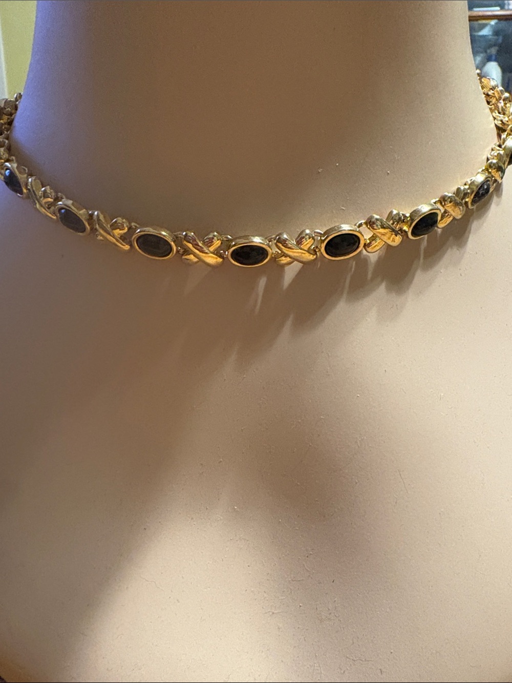 Gold-Tone Choker Necklace with Black Stone Accents